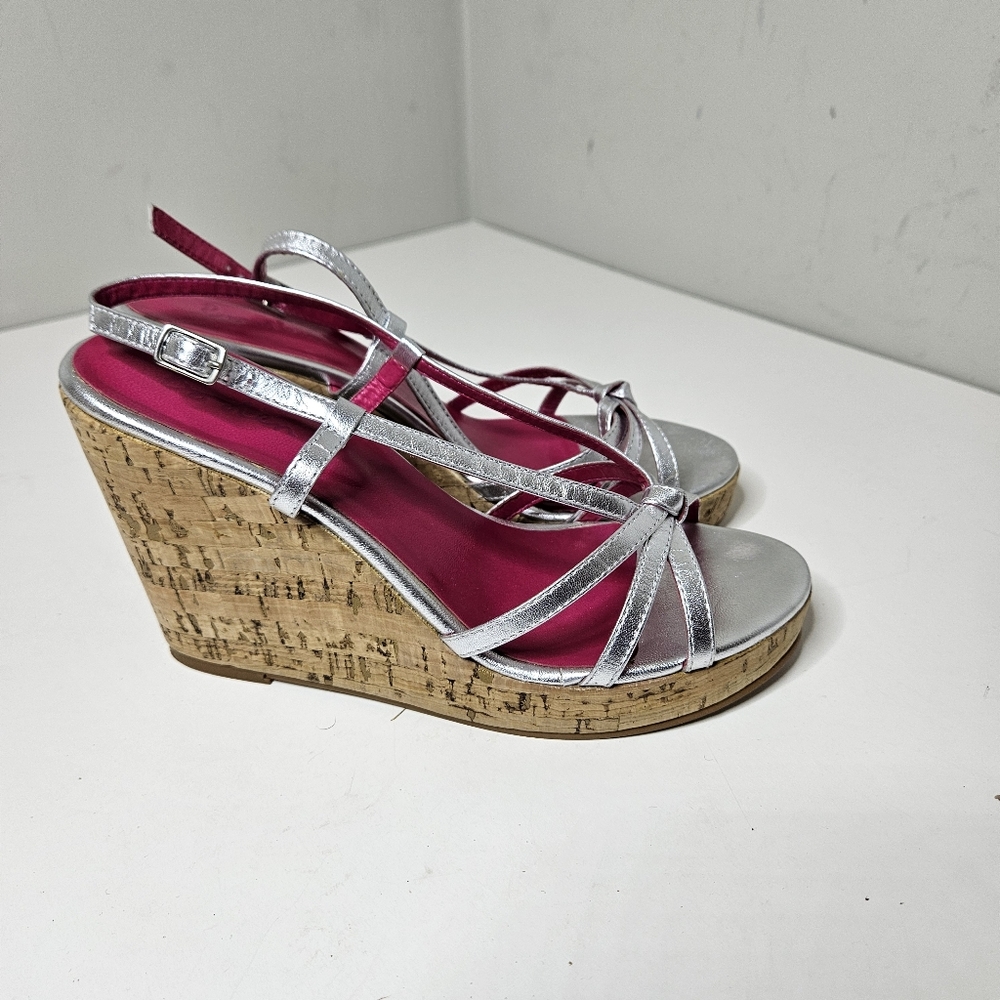 Boden Silver Leather Cork Heeled Strappy Sandals Magenta Lining Women's 39 9